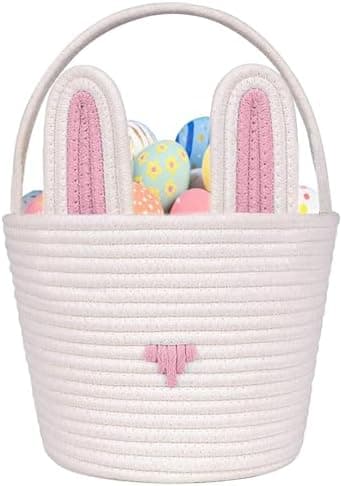 Poschnor Large Easter Basket Empty with Gift Bags and Ribbons, Easter Bunny Basket for Kids, Woven Cotton Rope Storage Bins for Organizing, Pink