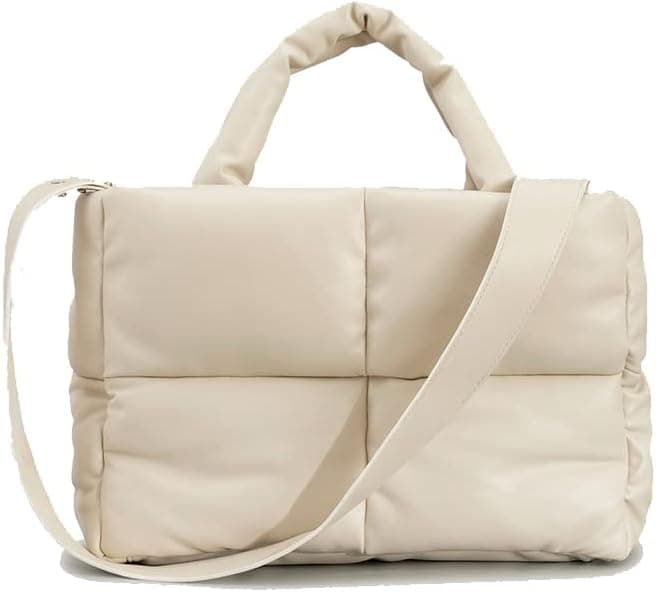 Tslqoldvm Puffer Tote Bag For Women Luxury Check Tote Bag Quilted Puffy Handbag Light Winter Down Cotton Padded Shoulder Bag, White