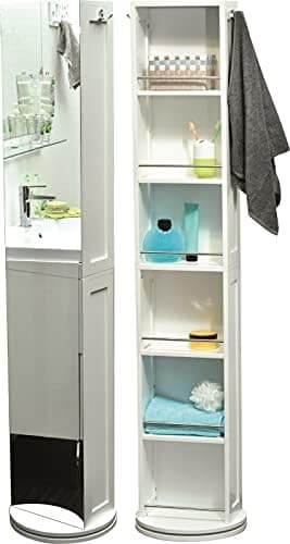 Bathroom Floor Cabinet with Mirror – Rotating Storage Tower with 360° Swivel Base, 6 Shelves, Towel Hooks – Slim Vertical Organizer for Bathrooms, Bedrooms, Small Apartments – White