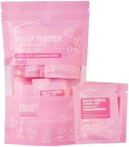 Air Jungles Makeup Remover Wipes Individually Wrapped, 25 Ct Travel Size Facial Cleansing Wipes with Vitamin E, Fragrance-Free, Gentle for All Skin Types, On-the-Go, Easter Gift for Women & Girls
