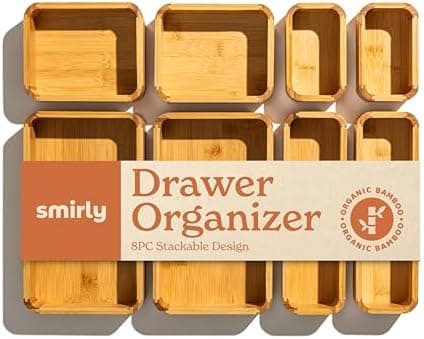 SMIRLY 8-Piece Bamboo Kitchen Drawer Organizer Set for Large and Small Utensils, Multi-use Storage Box - Bathroom, Nightstand, Jewelry, Cutlery, Knife, Spice, Towel, Junk Drawer Tray