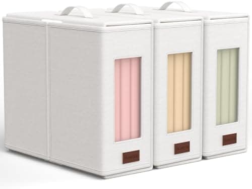 HUWAILE Sheet Organizers and Storage - 3 Pack Bed Sheet Organizers for All Sheet Sizes, Including Queen/King Size Blankets, Foldable Blanket Organizer/Sheet Storage for Linen Closet, Beige