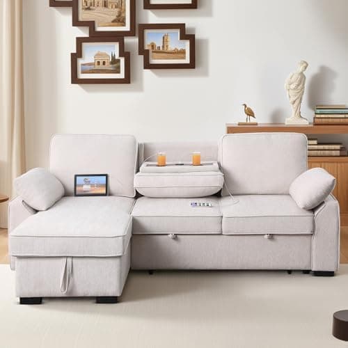 ERYE L-Shaped Pull Out Sleeper Couch Bed, Modern Chenille Upholstered Button Tufted Corner Couch Reversible Sectional Sleeper Sofa Bed W/Storage Chaise, Cup Holders
