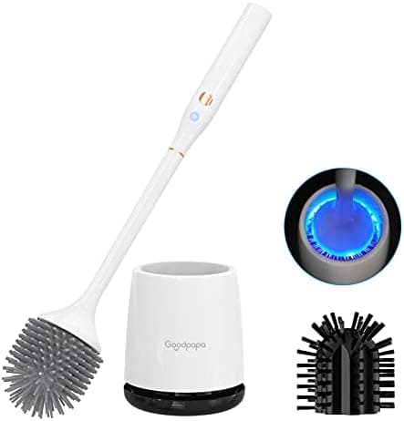 Toilet Scrubber, Silicone Toilet Brushes for Bathroom with Holder, Toilet Brush Cleaner Set with 2 Brush Heads, Good Papa Electric Toilet Brush, Floor Standing, Wall Mounted Without Drilling