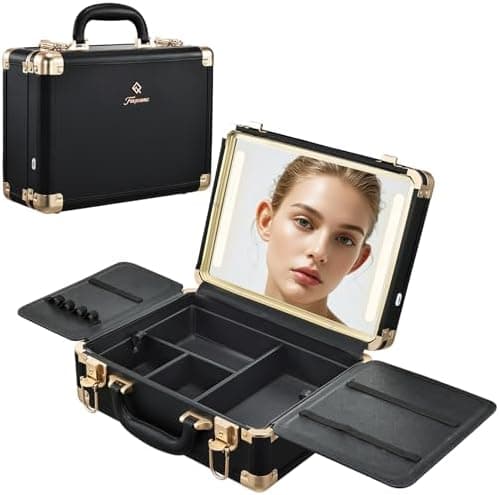 Faquenc Makeup Train Cases with Light Up Mirror 3 Color Setting, Lighted Makeup Case Organizer with Detachable Tray, Travel Makeup Box with Light for Make up Tools Storage (Black Moutain Shadow)