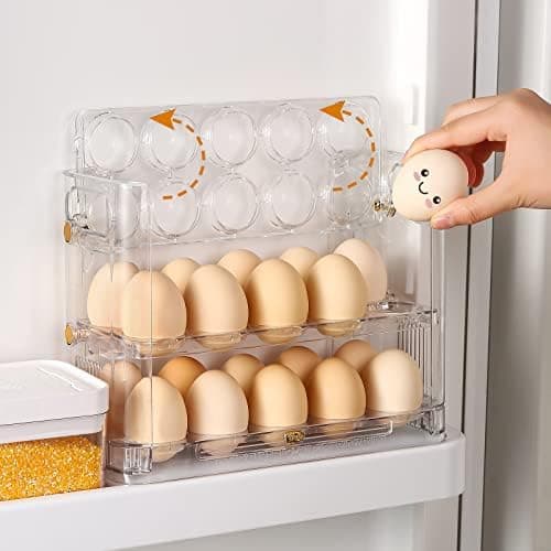 Beveetio Flippable Egg Holder For Refrigerator, Clear Acrylic Egg Storage Container For Refrigerator Side Door, Large Capacity Organizer-30 Count Capacity