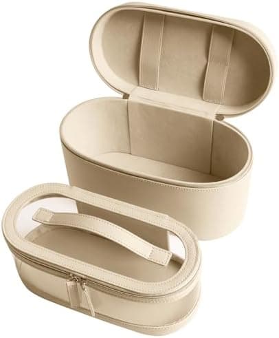 DIYOOHOMY Travel Makeup Cases skincare Bag Beige White Organizer Leather Stand Hard Small Make up with Double Zipper Toiletry Cosmetic Brush Skin Care Storage Pouch