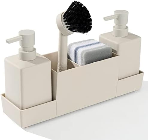 Kitchen Soap Dispenser with Sponge Holder Set for Sink Caddy, Hand Soap and Dish Soap Dispenser with Brush Matte Beige