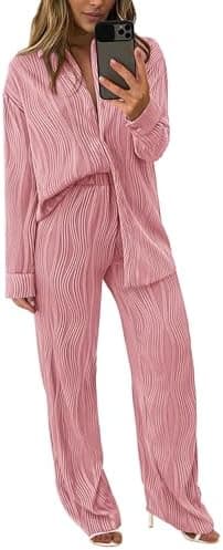 PRETTYGARDEN Women's 2 Piece Sets 2026 Fall Casual Textured Button Down Shirt Wide Leg Pants Outfits Loungewear Tracksuit