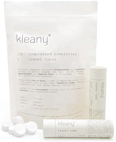 Kleany - 100 Compressed Towels Tablets - Biodegradable & Hypoallergenic - Face Towel - Travel & Makeup Remover Wipes - Hiking & Camping