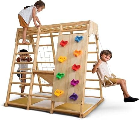 Avenlur Indoor Playground Jungle Gym – Magnolia 6-in-1 Montessori Wooden Indoor Playground for Kids & Toddlers Ages 2-6 – Waldorf Toys, Rope Ladder, Indoor Swing, Baby Slide, Rock Climbing Wall, More