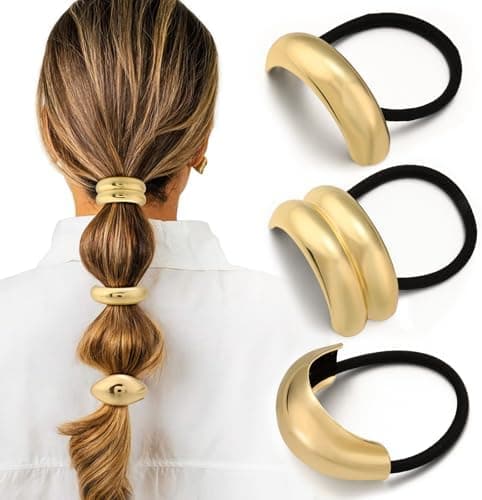 3PCS Gold Hair Ties, Metal Hair Ties for Thick Hair, Elegant Durable Geometric Design, Gold Hair Accessories Stretchy and Non-Damage Ponytail Cuff Holders, 3 Styles in Box Holiday Gifts