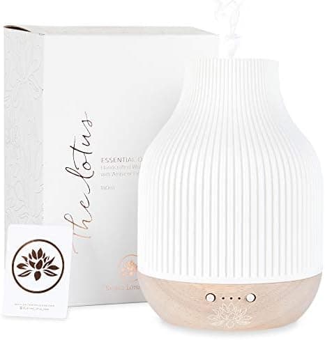Sacred Lotus Love Ceramic Essential Oil Diffuser – Ultrasonic Aroma Diffuser with Wood Base, Ambient LED Light and Timer Settings