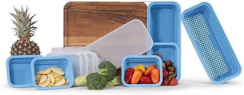 TidyBoard Meal Prep System Starter - Over-the-Sink Smart Chopping Board with 1 Large Strainer, Tubs, & Lids - 1” Thick Acacia Wood Cutting Board with Containers & Strainer, 12 pieces