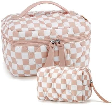 BAGSMART Travel Makeup Bag, 2-Piece Puffy Quilted Cute Make Up Bag Cosmetic Bags for Women, Large Wide-Open Toiletry Pouch Gifts for Toiletries Accessories Travelling Essentials, Checkered Khaki