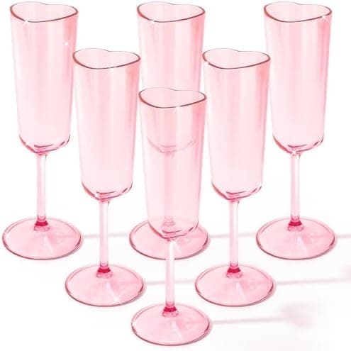 Teenyyou 6 Pcs Valentines Day Heart Shaped Champagne Flutes 6 oz Pink Acrylic Champagne Glasses for Wedding Galentines Bachelorette Birthday Party Supply Heart Shaped Wine Cups Pink Cocktail Glasses