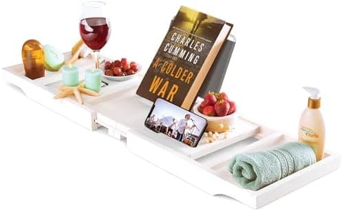 Wooden Bathtub Tray - Foldable & Expandable Bamboo Bath Tray for Tub with Wine Holder, Book & Tablet Stand - Bath Caddy Tray for Bathtub, Spa Bath Accessories, Tub Tray Table, Gifts for Her (White)