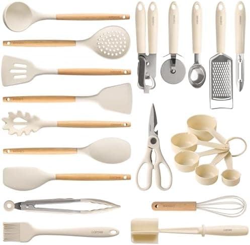 CAROTE 22pcs Silicone Cooking Utensils Set, 446°F Heat Resistant Kitchen Utensils Gadgets Set, Spatula, Turner, Whisk, Tongs