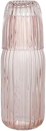 elle decor Ribbed Bedside Water Carafe with Tumbler Set | Ribbed Glass Pitcher and Matching Drinking Glass Doubles as Lid | 39-Ounce Jug for Guest Room, Office, or Gift | 4” x 9.5” (Pink)