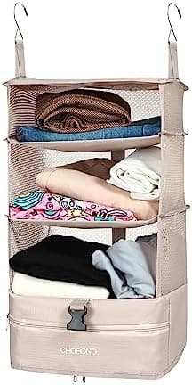 CHOBOND Travel Luggage Organizer Portable Hanging Travel Shelves Bag Multiple Compartments Packing Cube Organizer for Carry on Closet Suitcase Khaki