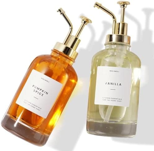 Molimoli Syrup Dispenser for Coffee Bars, Glass Syrup Bottle w. Pump, 16.9 oz 500 ml, Set of 2, Gold Upgraded Dispenser