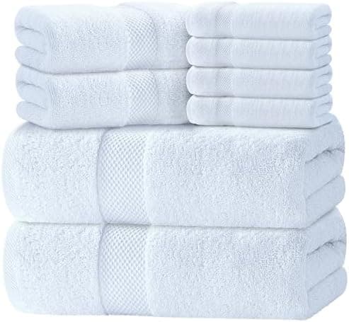 Luxury White Bath Towel Set of 8 Pieces - 100% Turkish Cotton 700 GSM Highly Absorbent Towels for Bathroom, 2 Bath Towels, 2 Hand Towels, 4 Washcloths