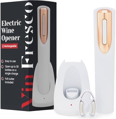 Rechargeable Electric Wine Bottle Opener - Charging Base and Foil Cutter Included with Automatic Wine Opener - Electric Corkscrew for Easy Cork Removal - Best Gift for Wine Lover (White & Rose Gold)