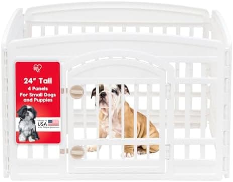 IRIS USA Dog Playpen with Door, 24” 4 Panel Pet Exercise Pen – Indoor Outdoor Puppy Play Pen, Portable Plastic Pet Fence for Small Medium Dogs, Foldable 35” x 35” x 24”, White