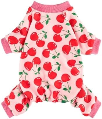 Fitwarm Cute Cherry Dog Pajamas, Warm Dog Onesie with Feet, Dog Clothes for Small Dogs Girl, Fleece Pet Outfit, Pink, Red, Medium