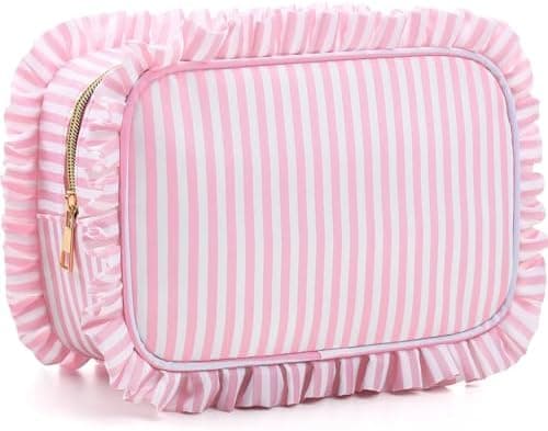 Kigeli Ruffle Makeup Bag Preppy Makeup Pouch Large Travel Cosmetic Bag Nylon Waterproof Toiletry Make up Organizer for Women(Striped,Pink)