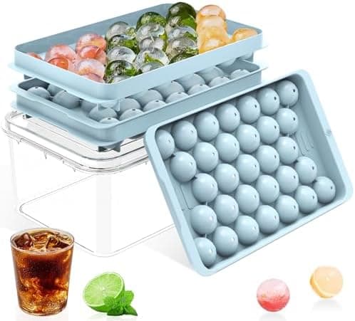 Ice Cube Tray with Lid and Bin – Round Ice Cube Trays for Freezer, BPA-Free Food-Grade Ice Mold, Stackable Ice Ball Maker, Iced Bucket Kits, Circle Ice Tray for Cocktails, Whiskey, Coffee, and Drinks