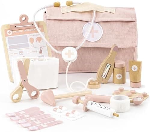 Wooden Doctor Play Set for Toddlers - A Complete Durable Pretend Play Medical Kit for Kids 3-5 with Realistic, Non-Toxic Tools & Carrying Case