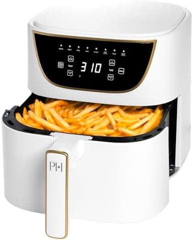 Paris Hilton Air Fryer, Large 6-Quart Capacity, Nonstick Made without PFAS, Touchscreen Display, 8-in-1 (Air Fry, Roast, Broil, Bake, Reheat, Keep Warm, Pizza, Dehydrate), Dishwasher Safe, White