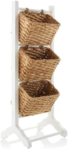 Casafield 3-Tier Floor Stand with Water Hyacinth Storage Baskets, White/Natural - Standing Organizer Rack for Bathroom, Kitchen, Laundry, Living Room