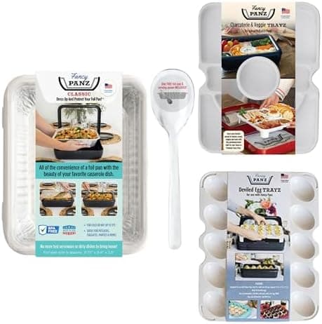 Fancy Panz- Limited-Edition Bundle - White Classic Aluminum Foil Pan Carrier with Lid + Deviled Egg + Charcuterie Insert - Food Serving Tray - Portable Casserole Carrier with Lid - Made in The USA