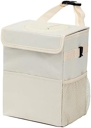 AOKJOY Car Garbage can with lid Leak Proof Vehicle Trash Can 3 Storage Pockets Hanging Waterproof car Trash Bag for SUV Beige