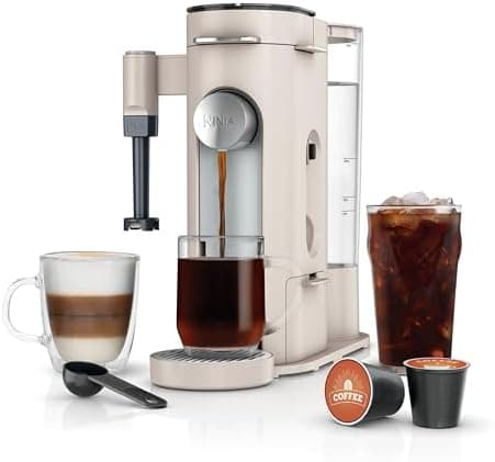 Ninja Pod & Grounds | Coffee Maker | XL Single-Serve | K-Cup Pod Compatible | Brews Grounds | Compact Design | Built-In Milk Frother | 68-oz. Reservoir, 6-oz. Cup to 24-oz. Mug Sizes | Stone |PB055AST