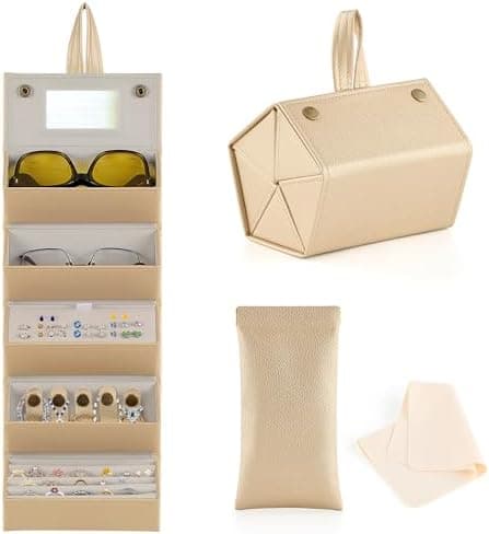CO-Z 5-Slot Sunglasses Organizer, Folding Glasses Jewelry Storage Case with Mirror, Travel Sunglasses Case for Women & Men