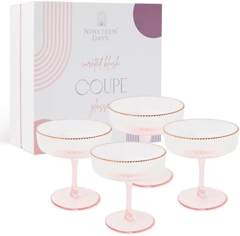 Nineteen Days Pink Coupe Glasses Set of 4 Glasses with Rose Gold Rim (8 Oz) Art Deco Coupe Glasses, Ribbed Martini Cocktail Glasses Gift Box, Vintage Champagne Glasses, Espresso Martini Glasses