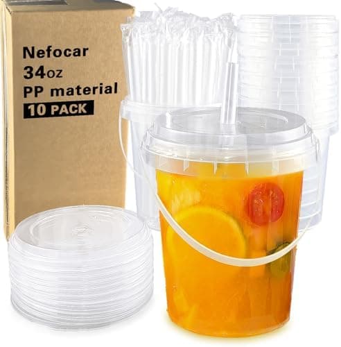 10 Pack 34oz Plastic Cups with Lids and Straws, Disposable Iced Coffee Cups with Lids,Sturdy & Food Safe Drink Buckets for Cold/Hot Drinks,Smoothies, Fruit Drinks Cups Summer Beverages,Bar/Beach Party