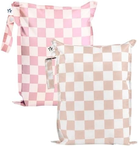 Tiny Twinkle Mess Proof Wet Bags | 2-Pack Reusable Waterproof Wet Bags for Swimsuits | Baby Clothes | Travel & Diaper Bag (Pink, Brown Checkers)
