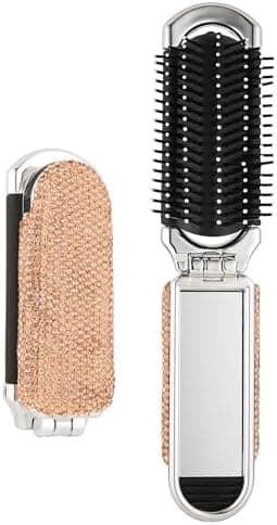 AsAlways Shiny Rhinestone Crystal Travel Hair Brush with Mirror Bling Diamonds Folding Hair Massage Comb Compact Portable Small Mini Hair Brush for Purse Wet & Dry Detangling(Gold)