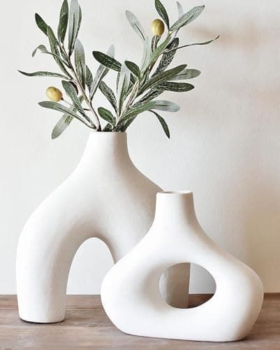 Carrot's Den Donut Vase, Set of 2 - White Large Ceramic Vase - Minimalist Nordic, Hollow | Table Centerpiece, Olive Plant, Wedding, Living Room, Bookshelf, Office, Modern Home, Entryway, Console