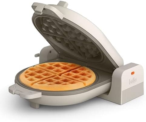 bella Flip-n-Store Waffle Maker with EverGood™ Ceramic Nonstick Coating, Fits-anywhere™ Kitchenware, Power Indicator Light, Cool Touch Handle & Cord Wrap, 7” Wide & 1" Deep Plates, 1000 Watt, Oatmilk