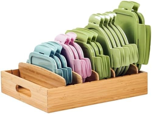 Umilife Kitchen Cabinet Organizer for Food Storage Container Lids, with Adjustable Dividers, Bamboo Drawer Caddy, Box for Kitchen Storage And Organization
