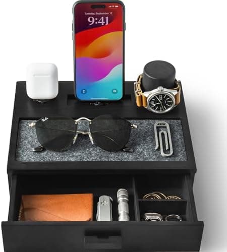Holme & Hadfield Premium Wooden Phone Docking Station with Drawer – Nightstand Organizer for Charging Phone & Earbuds – Declutter Your Space with Felt-Lined Protection & Watch Pillar – Gift For Men