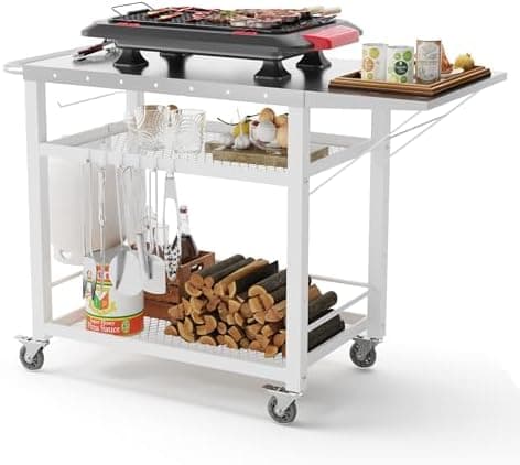 LUE BONA 43.3" W x 19.7" D Outdoor Grill Cart Table with Foldable Side Table, Pizza Oven Stand for Outside Patio, Three-Shelf Stainless Steel Flattop Outdoor Cooking Prep Table with 4 Casters, White