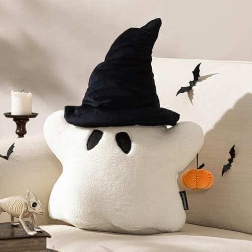 Phantoscope Happy Halloween Shaped Throw Pillow, Ghost Pillow with 3D Pumpkin, Hippie Halloween Ghost Pillow with Witch Hat Faux Rabbit Fur Spooky Shaped Pillows for Couch, White, 20 x 16 inch