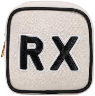 RSRSLEII Small Canvas Rx Medicine Packages, Cute Chenille Letter Patch Drug Makeup Bag with Metal Zipper, Mini Travel First Aid Purse Organizer Machine Washable (01Beige)