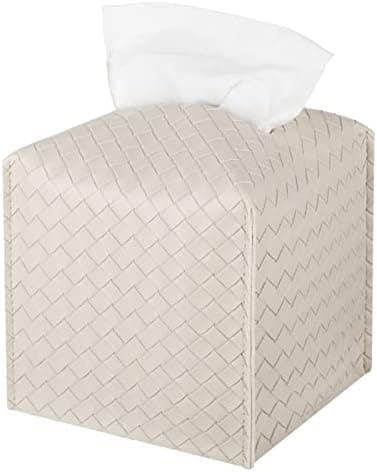 Tissue Box Cover PU Leather Tissue Holder Square Facial Tissue Case Facial Paper Organizer Dispenser for Bathroom, Vanity Countertop, Tabletop, Car, Griege